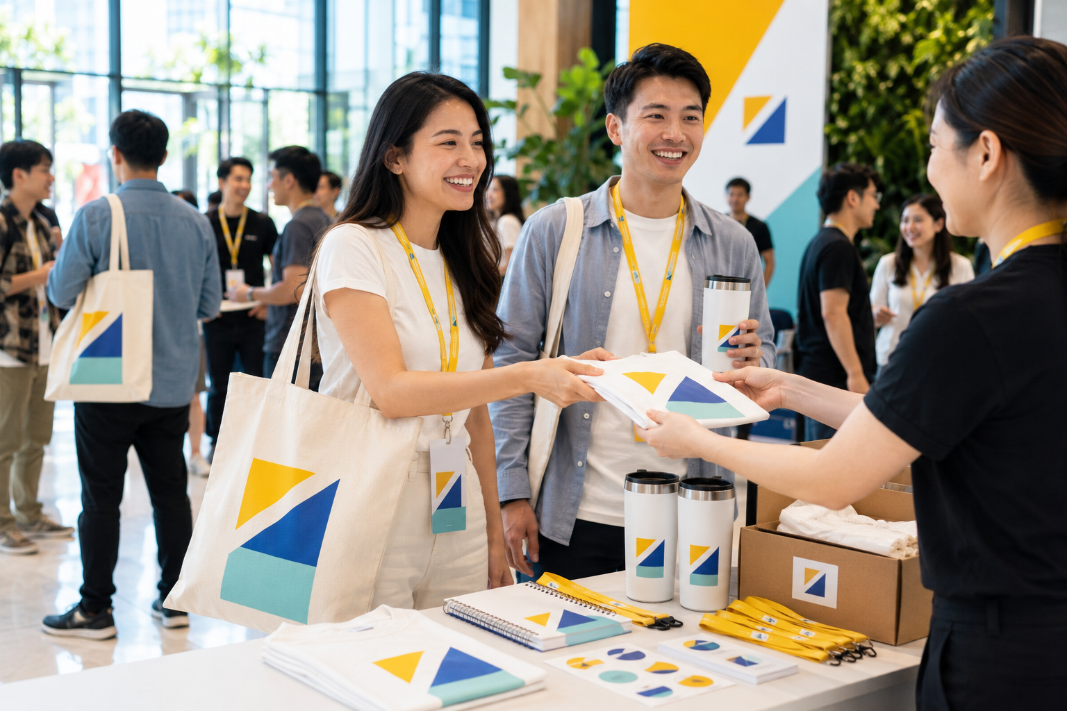 Event merch giveaway with branded totes and tumblers