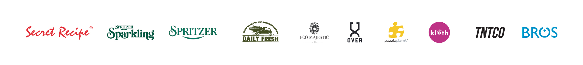 Brands and partners: Secret Recipe, Spritzer Sparkling, Spritzer, Daily Fresh, Eco Majestic, OVER, Puzzle Planet, Kloth, TNTCO, BROS